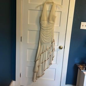 Halter top, asymmetrical, cream dress, with gold detail